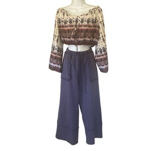 Blue Velvet Women Wide Leg Hippie Sweatpants Medium Purple Boho Loungewear Gypsy